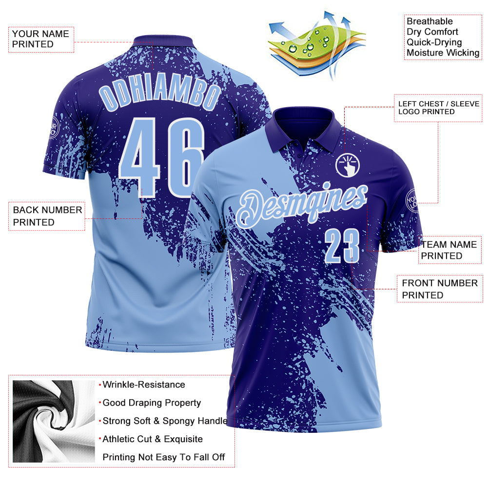 Custom Light Blue Dark Purple-White 3D Pattern Design Abstract Brush Stroke Performance Polo Shirt view 3