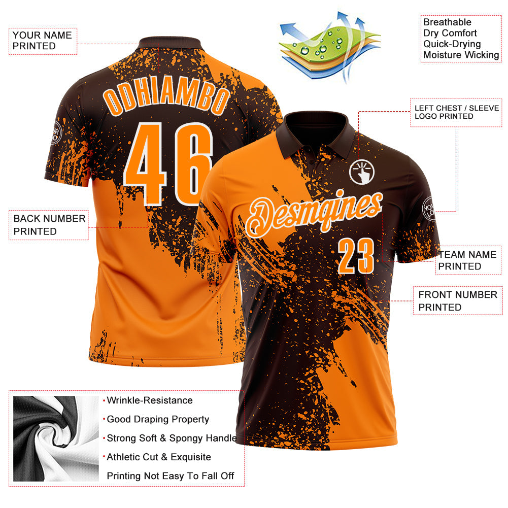 Custom Bay Orange Brown-White 3D Pattern Design Abstract Brush Stroke Performance Polo Shirt view 3