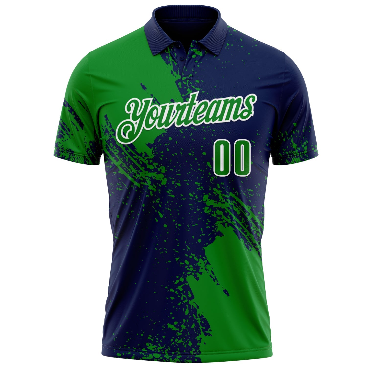 Custom Grass Green Navy-White 3D Pattern Design Abstract Brush Stroke Performance Polo Shirt view 2