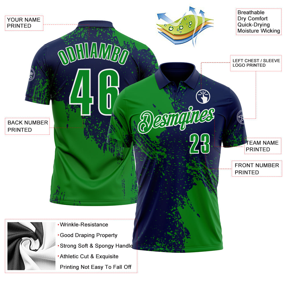 Custom Grass Green Navy-White 3D Pattern Design Abstract Brush Stroke Performance Polo Shirt view 3