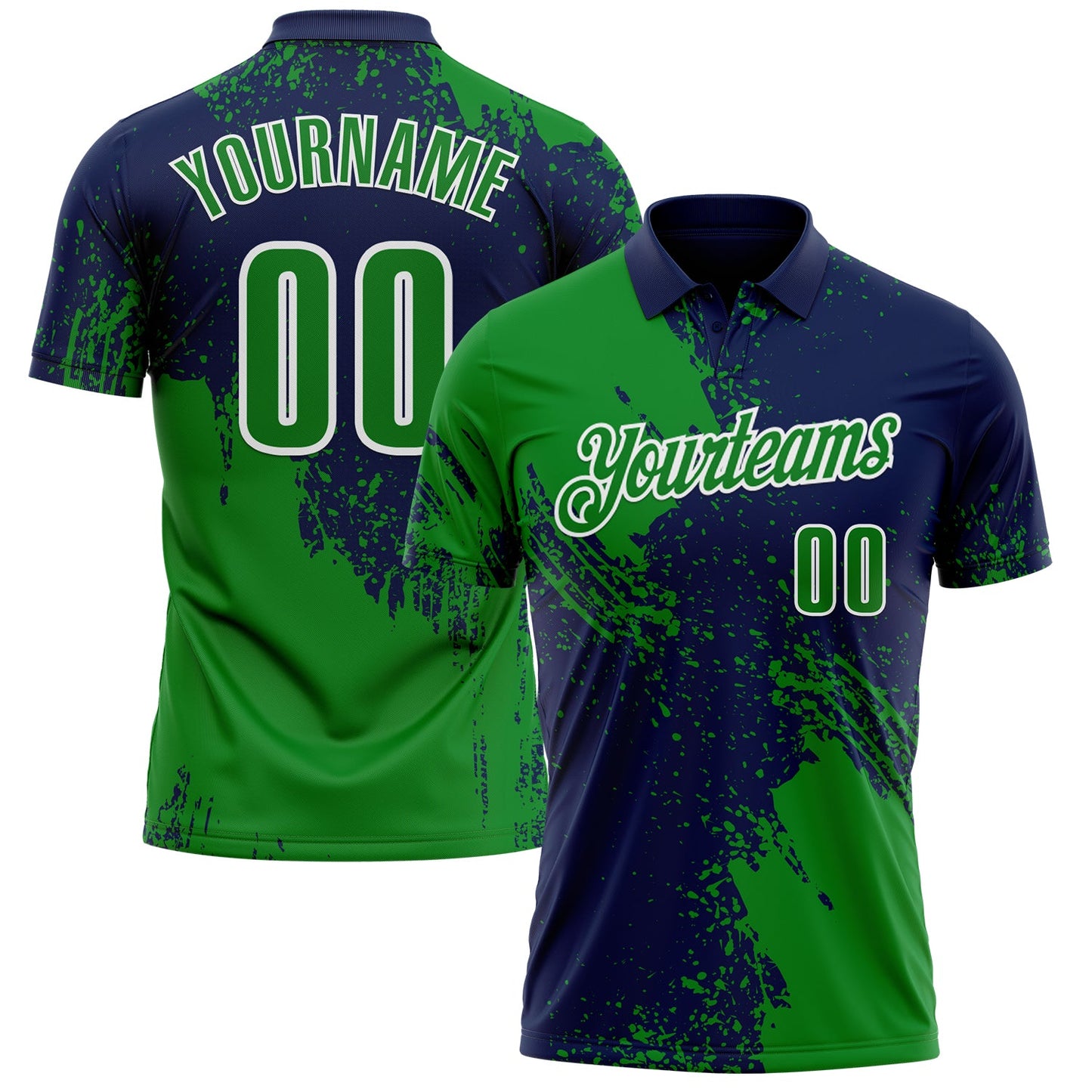 Custom Grass Green Navy-White 3D Pattern Design Abstract Brush Stroke Performance Polo Shirt - Main View