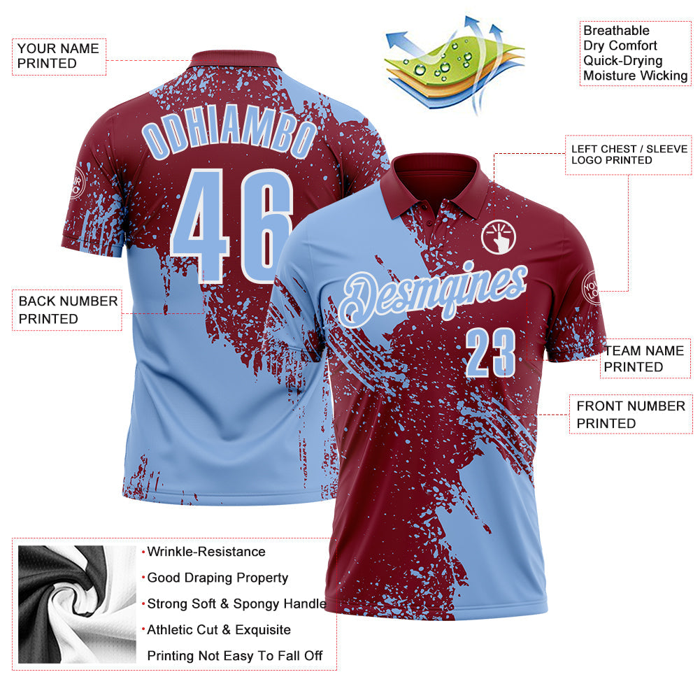 Custom Light Blue Crimson-White 3D Pattern Design Abstract Brush Stroke Performance Polo Shirt view 3