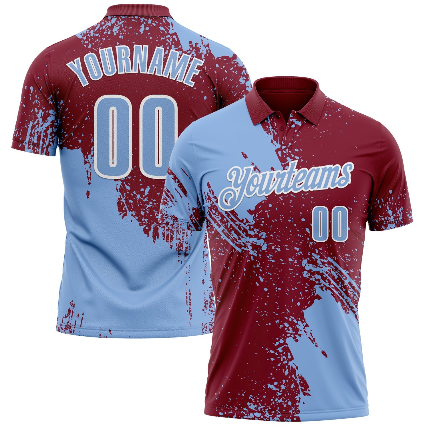 Custom Light Blue Crimson-White 3D Pattern Design Abstract Brush Stroke Performance Polo Shirt - Main View