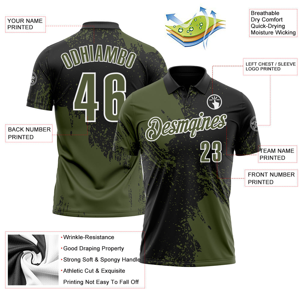Custom Olive Black-White 3D Pattern Design Abstract Brush Stroke Performance Polo Shirt view 3