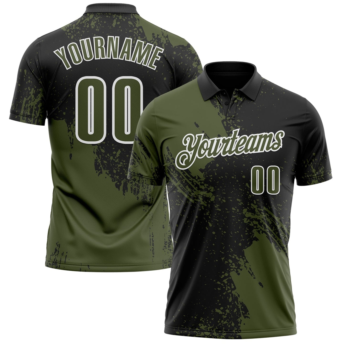 Custom Olive Black-White 3D Pattern Design Abstract Brush Stroke Performance Polo Shirt - Main View