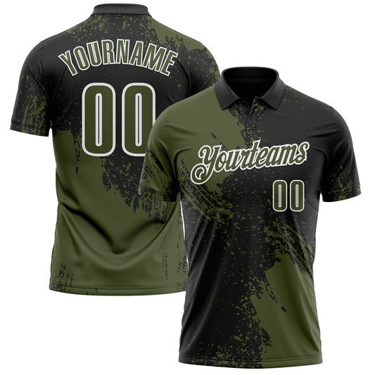 Custom Olive Black-White 3D Pattern Design Abstract Brush Stroke Performance Polo Shirt - Main View