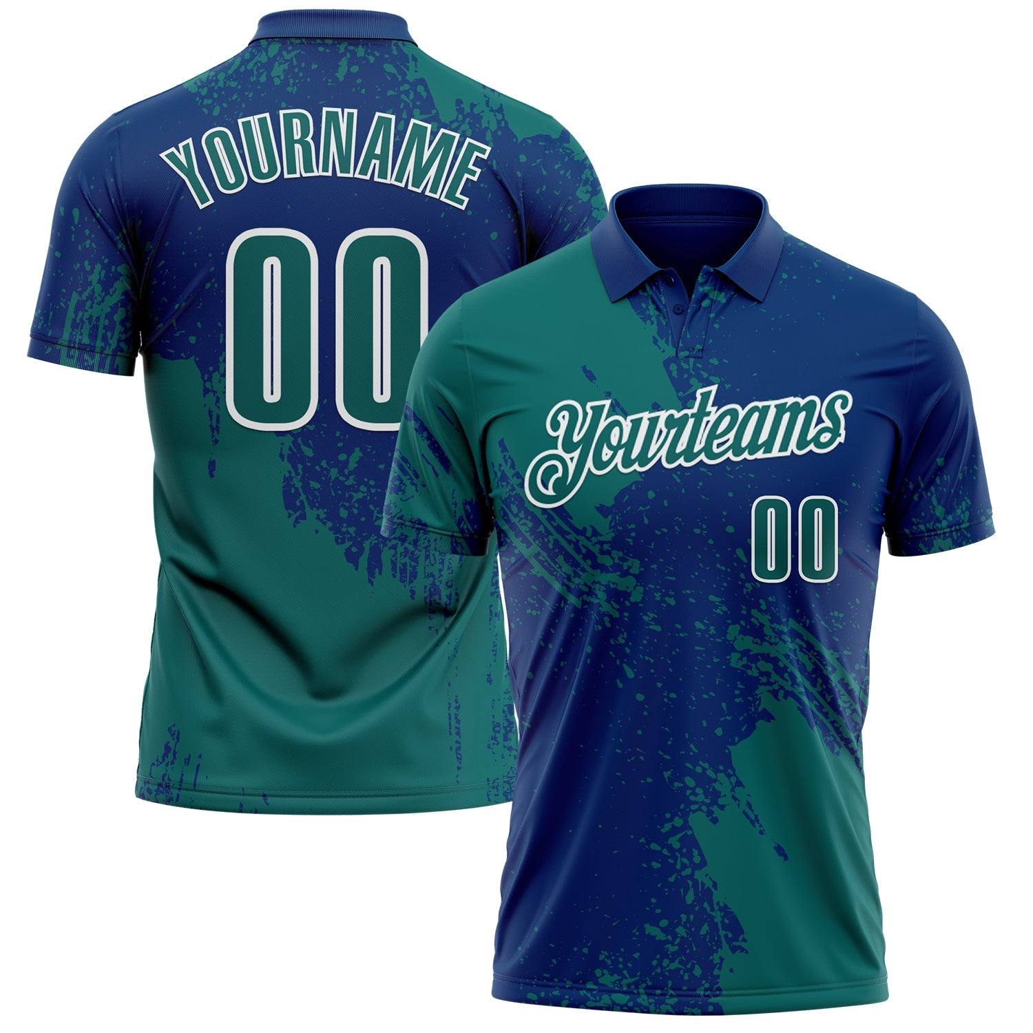 Custom Teal US Navy Blue-White 3D Pattern Design Abstract Brush Stroke Performance Polo Shirt - Main View