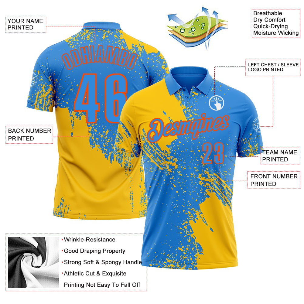 Custom Yellow Powder Blue-Orange 3D Pattern Design Abstract Brush Stroke Performance Polo Shirt view 3