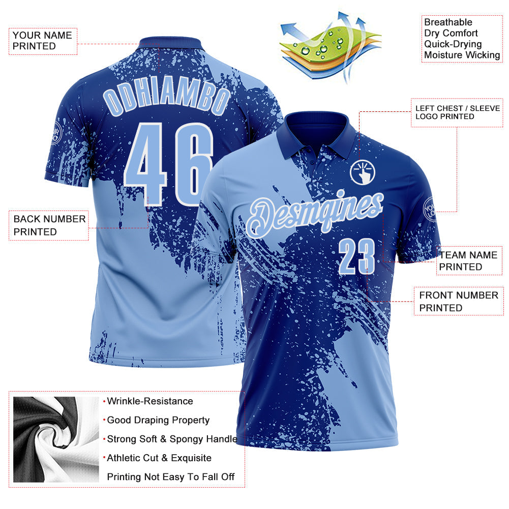 Custom Light Blue Royal-White 3D Pattern Design Abstract Brush Stroke Performance Polo Shirt view 3