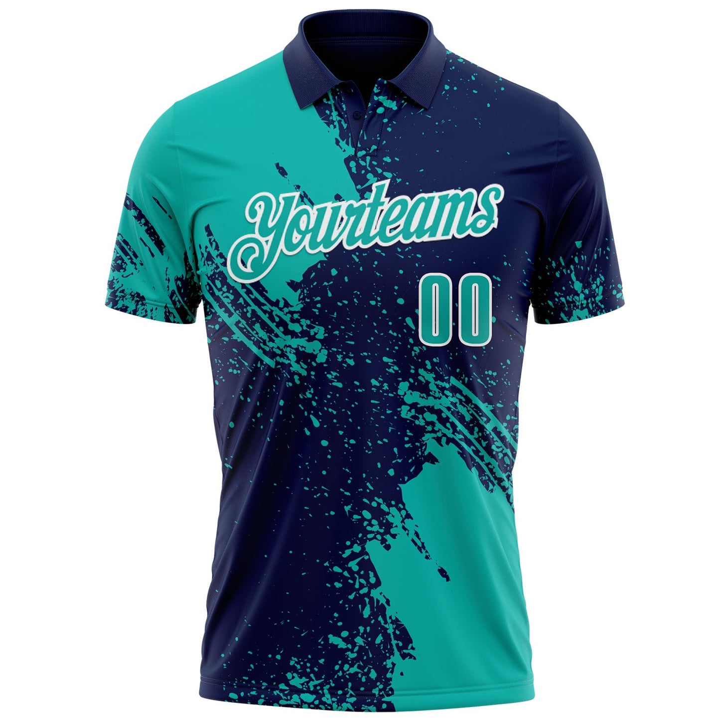 Custom Aqua Navy-White 3D Pattern Design Abstract Brush Stroke Performance Polo Shirt view 2