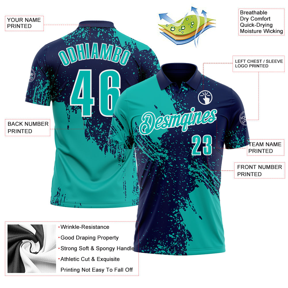Custom Aqua Navy-White 3D Pattern Design Abstract Brush Stroke Performance Polo Shirt view 3