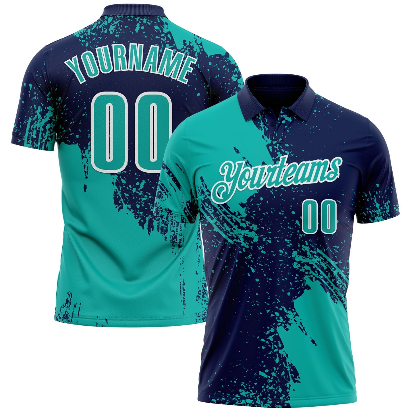 Custom Aqua Navy-White 3D Pattern Design Abstract Brush Stroke Performance Polo Shirt - Main View