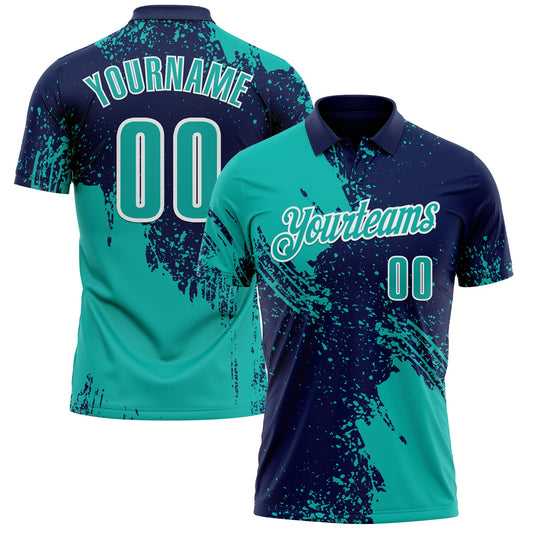 Custom Aqua Navy-White 3D Pattern Design Abstract Brush Stroke Performance Polo Shirt - Main View