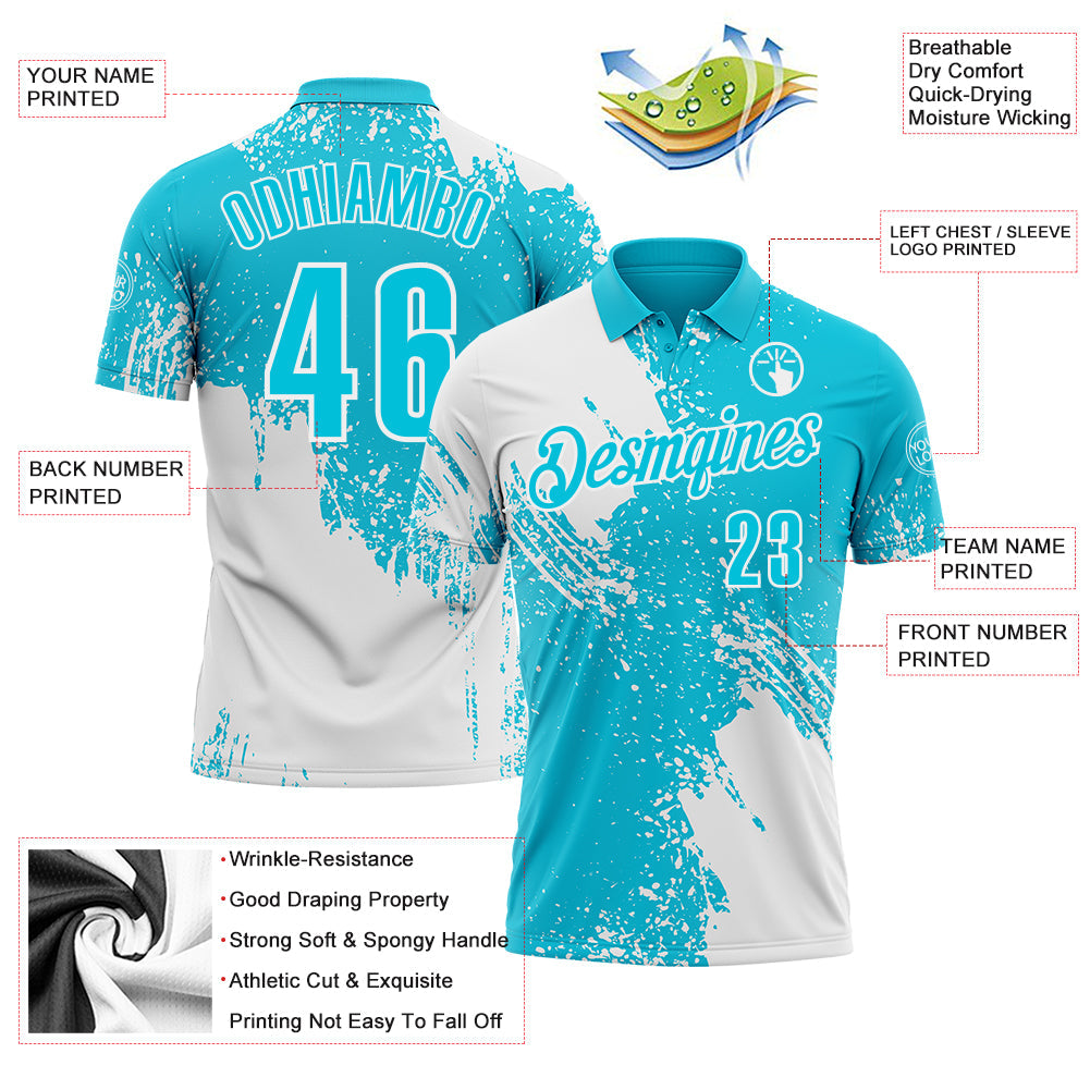 Custom White Lakes Blue 3D Pattern Design Abstract Brush Stroke Performance Polo Shirt view 3