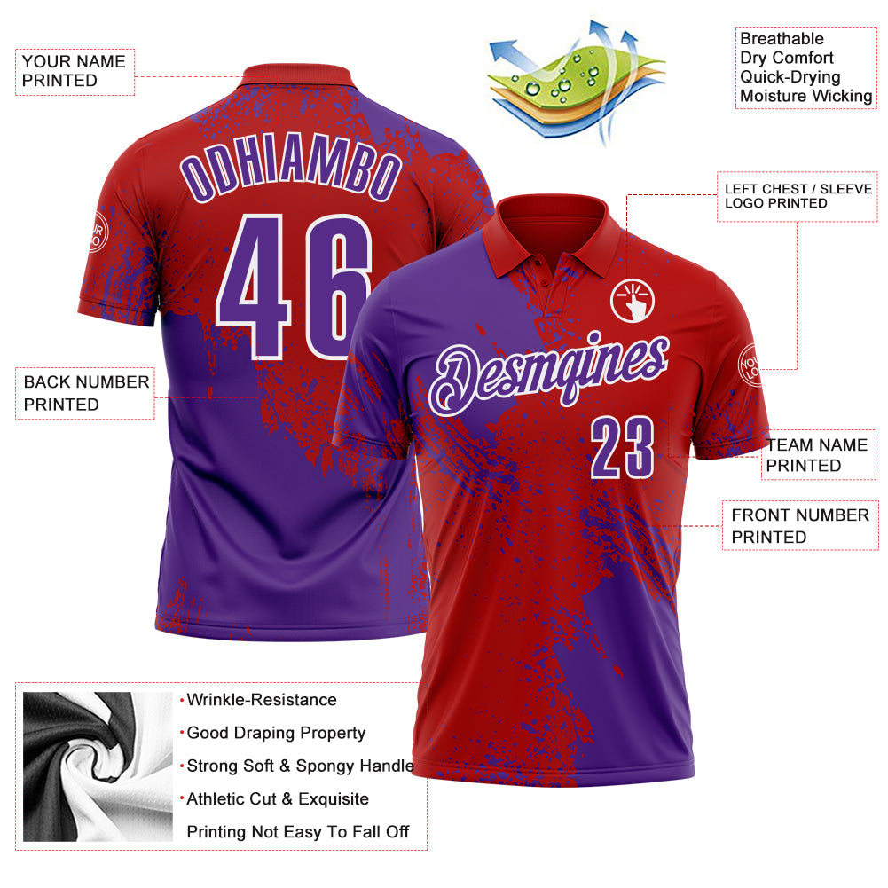 Custom Purple Red-White 3D Pattern Design Abstract Brush Stroke Performance Polo Shirt view 3