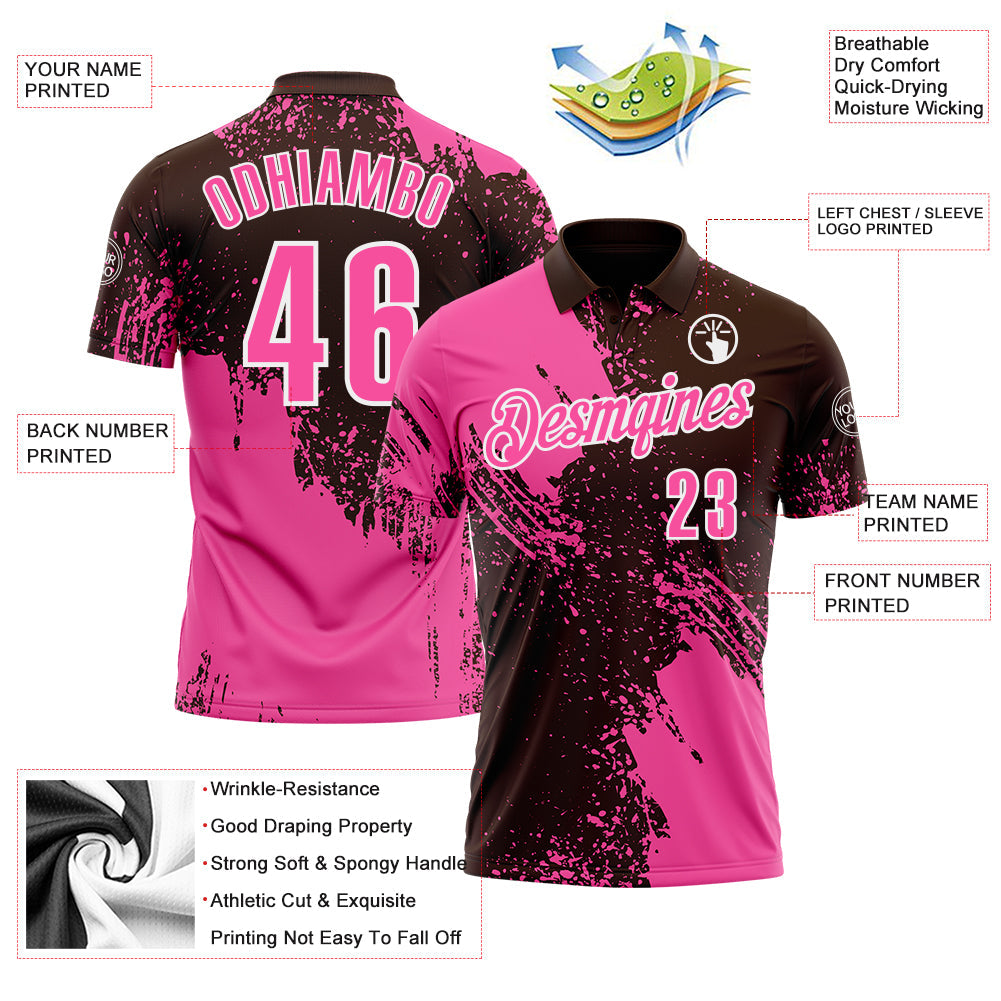 Custom Pink Brown-White 3D Pattern Design Abstract Brush Stroke Performance Polo Shirt view 3
