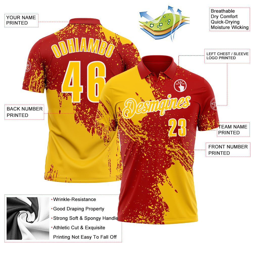 Custom Yellow Red-White 3D Pattern Design Abstract Brush Stroke Performance Polo Shirt view 3