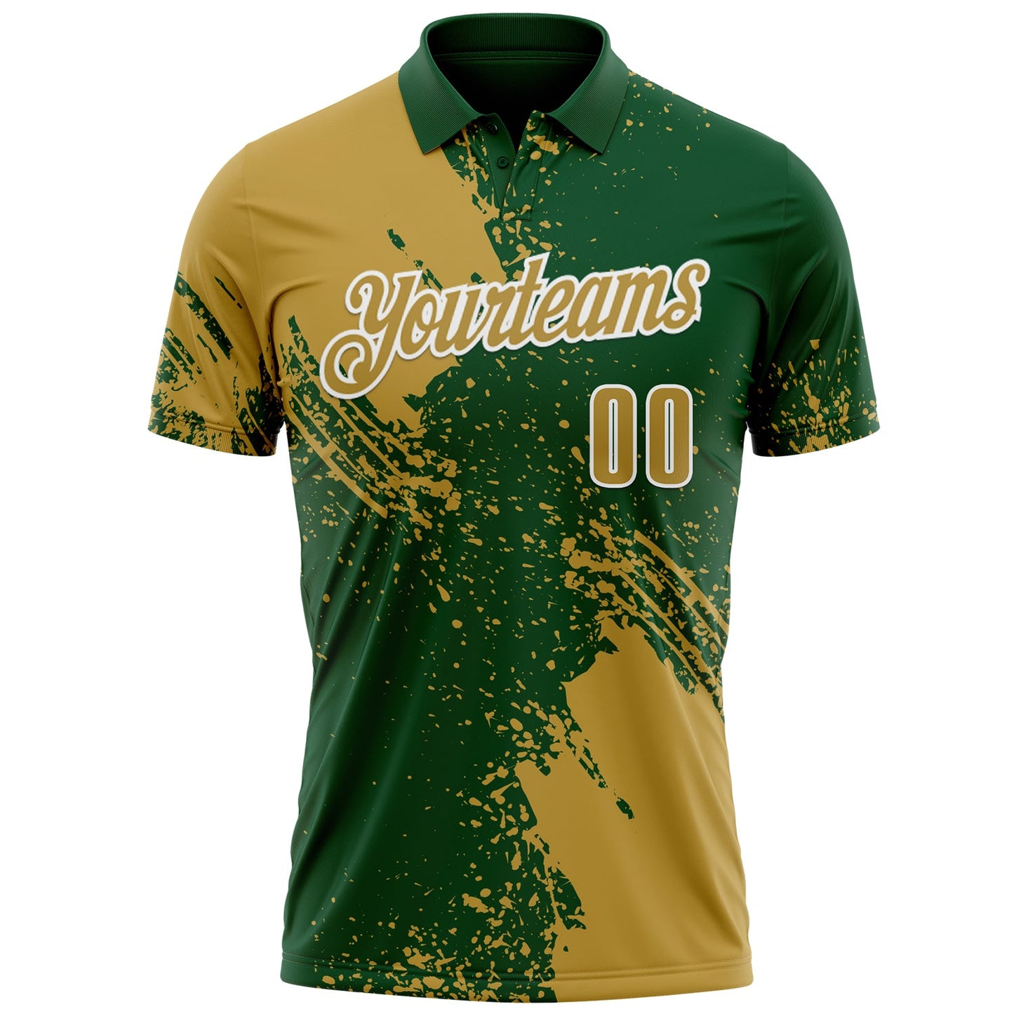 Custom Old Gold Green-White 3D Pattern Design Abstract Brush Stroke Performance Polo Shirt view 2