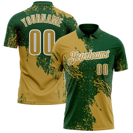 Custom Old Gold Green-White 3D Pattern Design Abstract Brush Stroke Performance Polo Shirt - Main View