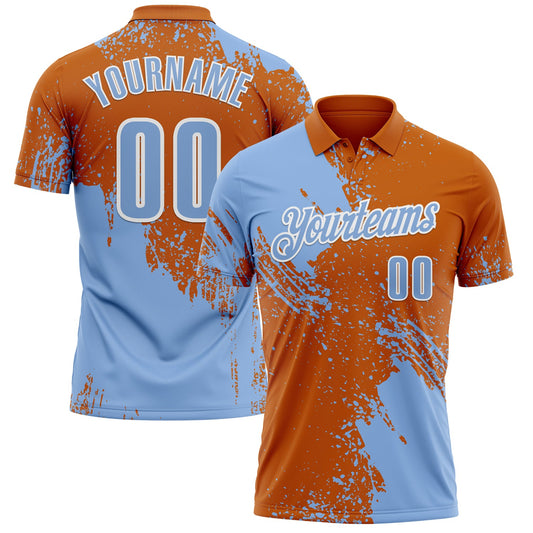 Custom Light Blue Texas Orange-White 3D Pattern Design Abstract Brush Stroke Performance Polo Shirt - Main View