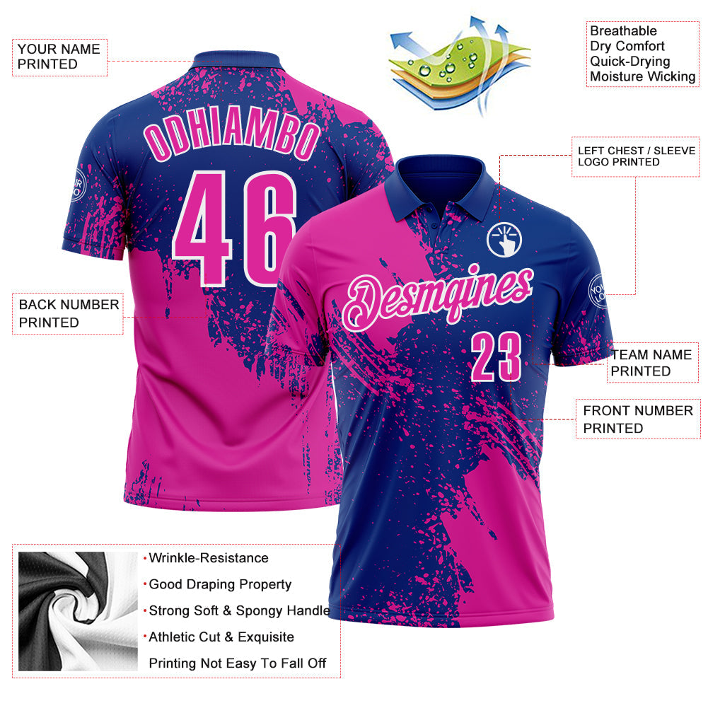 Custom Deep Pink Royal-White 3D Pattern Design Abstract Brush Stroke Performance Polo Shirt view 3