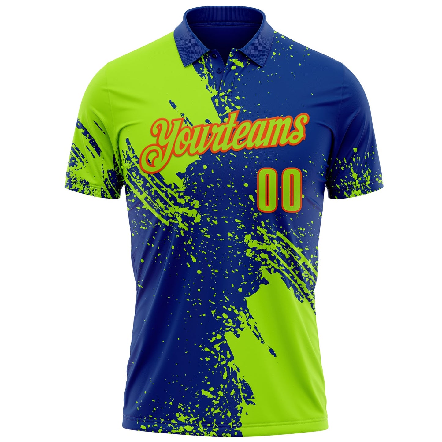 Custom Neon Green Royal-Orange 3D Pattern Design Abstract Brush Stroke Performance Polo Shirt view 2