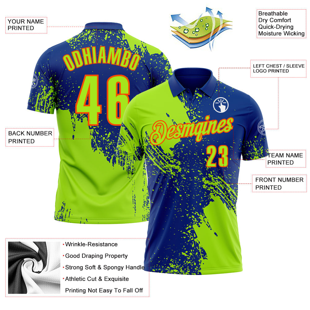 Custom Neon Green Royal-Orange 3D Pattern Design Abstract Brush Stroke Performance Polo Shirt view 3