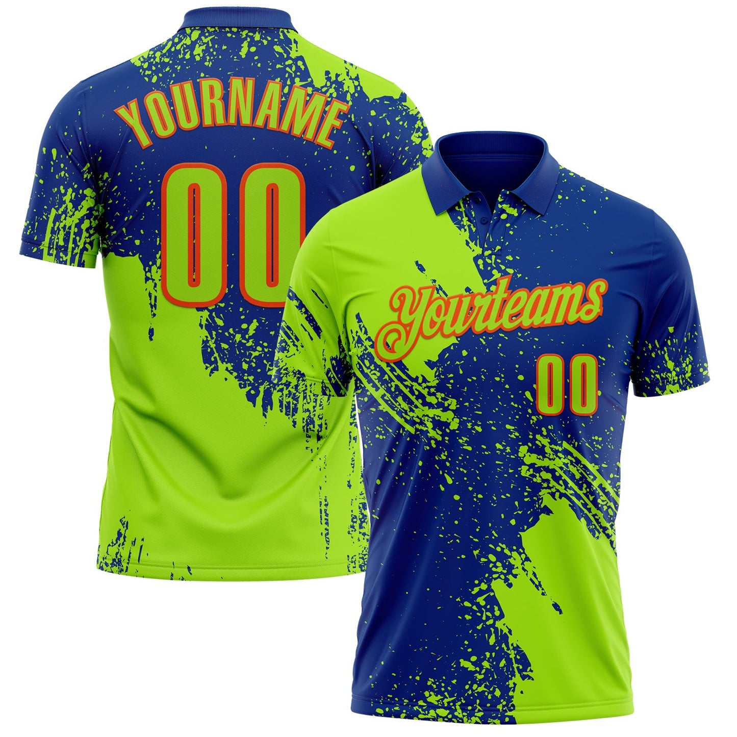 Custom Neon Green Royal-Orange 3D Pattern Design Abstract Brush Stroke Performance Polo Shirt - Main View