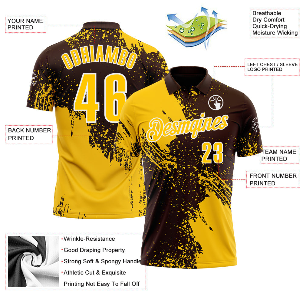 Custom Yellow Brown-White 3D Pattern Design Abstract Brush Stroke Performance Polo Shirt view 3