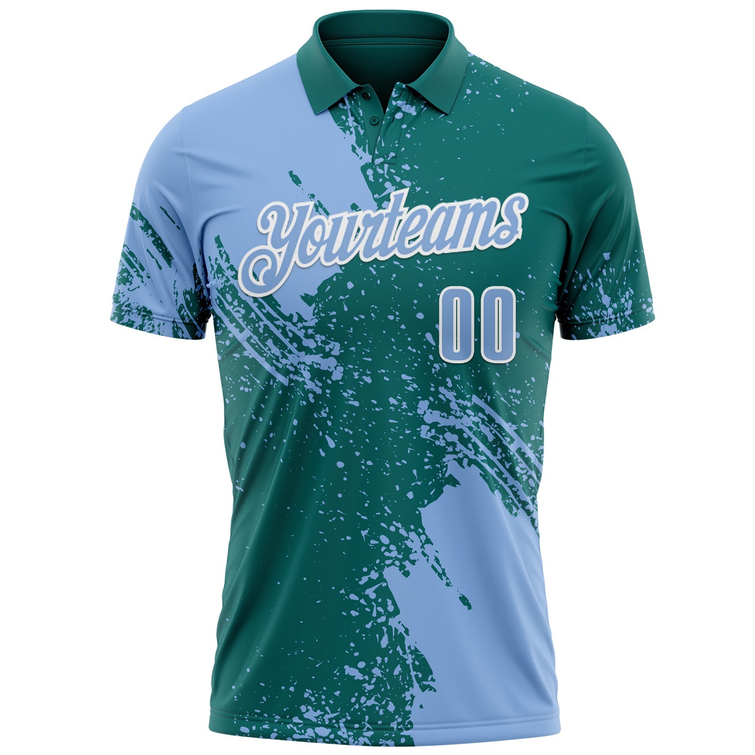 Custom Light Blue Teal-White 3D Pattern Design Abstract Brush Stroke Performance Polo Shirt view 2