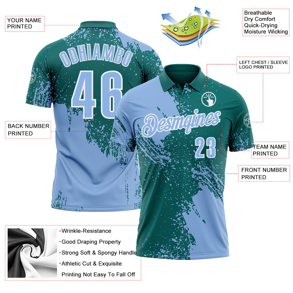 Custom Light Blue Teal-White 3D Pattern Design Abstract Brush Stroke Performance Polo Shirt view 3