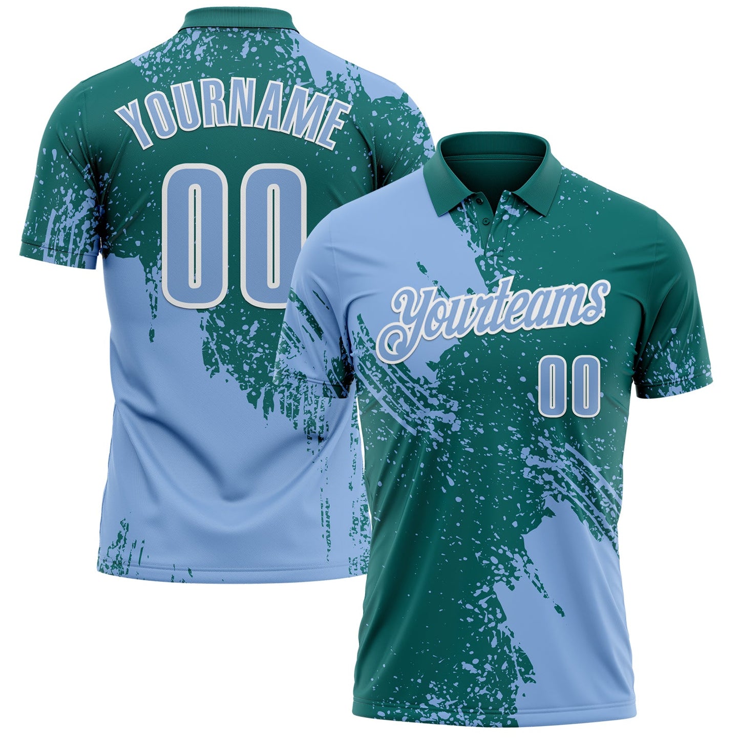 Custom Light Blue Teal-White 3D Pattern Design Abstract Brush Stroke Performance Polo Shirt - Main View