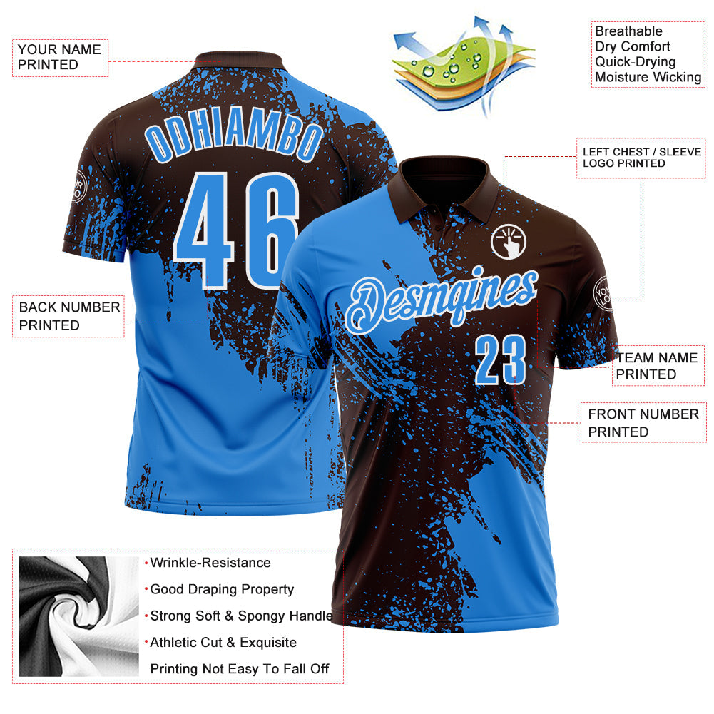 Custom Powder Blue Brown-White 3D Pattern Design Abstract Brush Stroke Performance Polo Shirt view 3