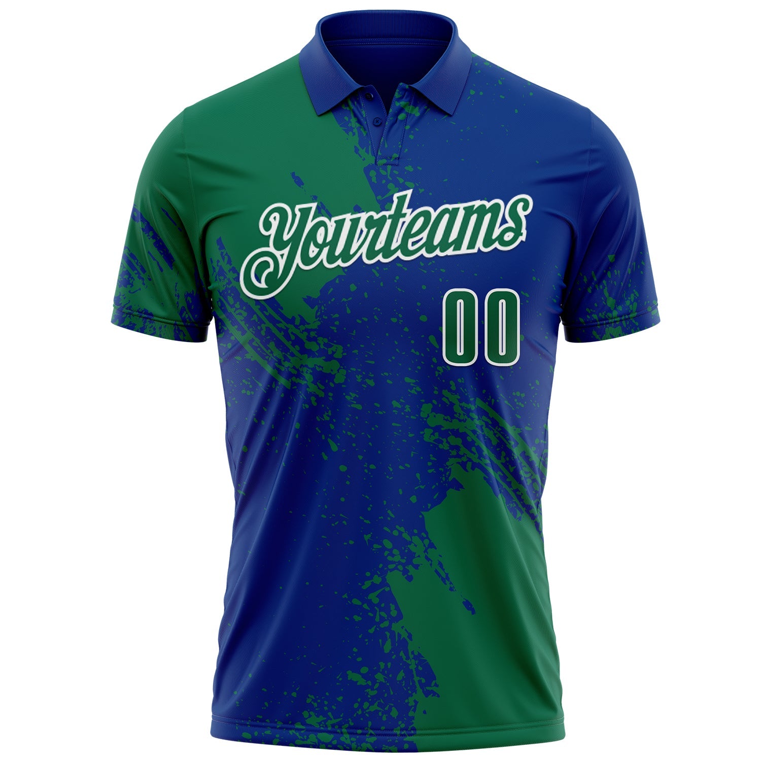 Custom Kelly Green Royal-White 3D Pattern Design Abstract Brush Stroke Performance Polo Shirt view 2