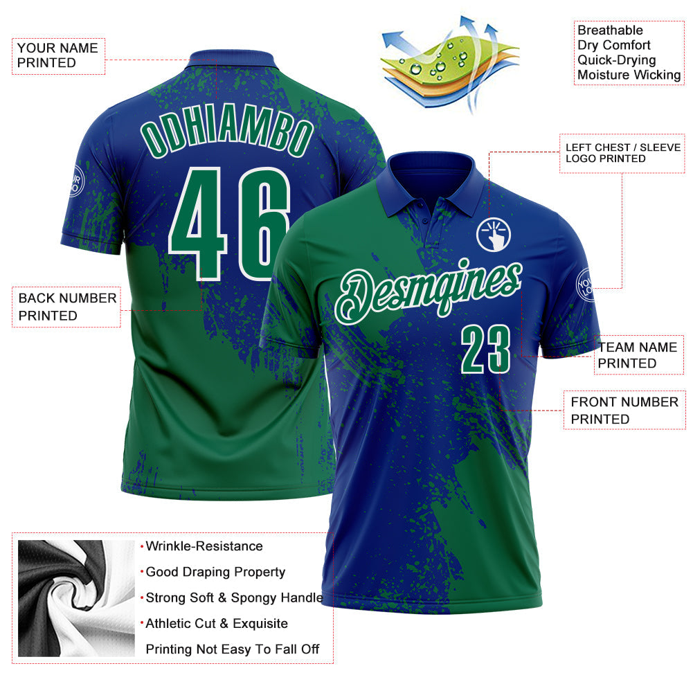 Custom Kelly Green Royal-White 3D Pattern Design Abstract Brush Stroke Performance Polo Shirt view 3