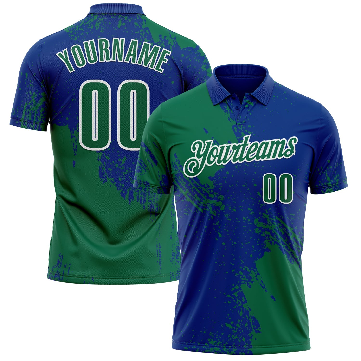 Custom Kelly Green Royal-White 3D Pattern Design Abstract Brush Stroke Performance Polo Shirt - Main View