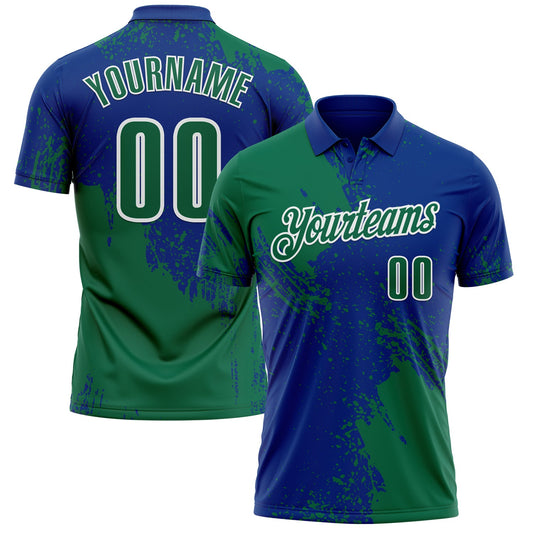 Custom Kelly Green Royal-White 3D Pattern Design Abstract Brush Stroke Performance Polo Shirt - Main View