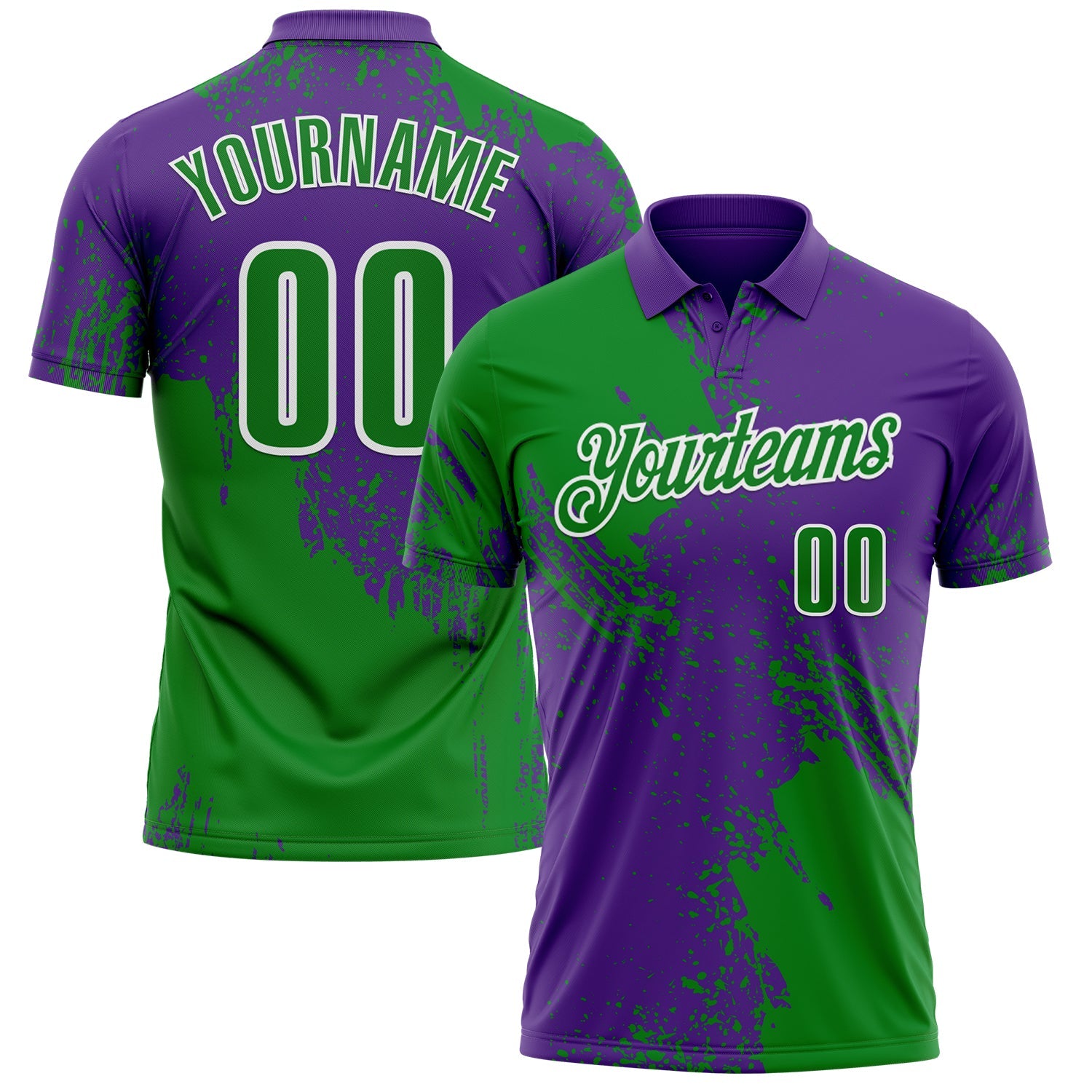 Custom Grass Green Purple-White 3D Pattern Design Abstract Brush Stroke Performance Polo Shirt - Main View