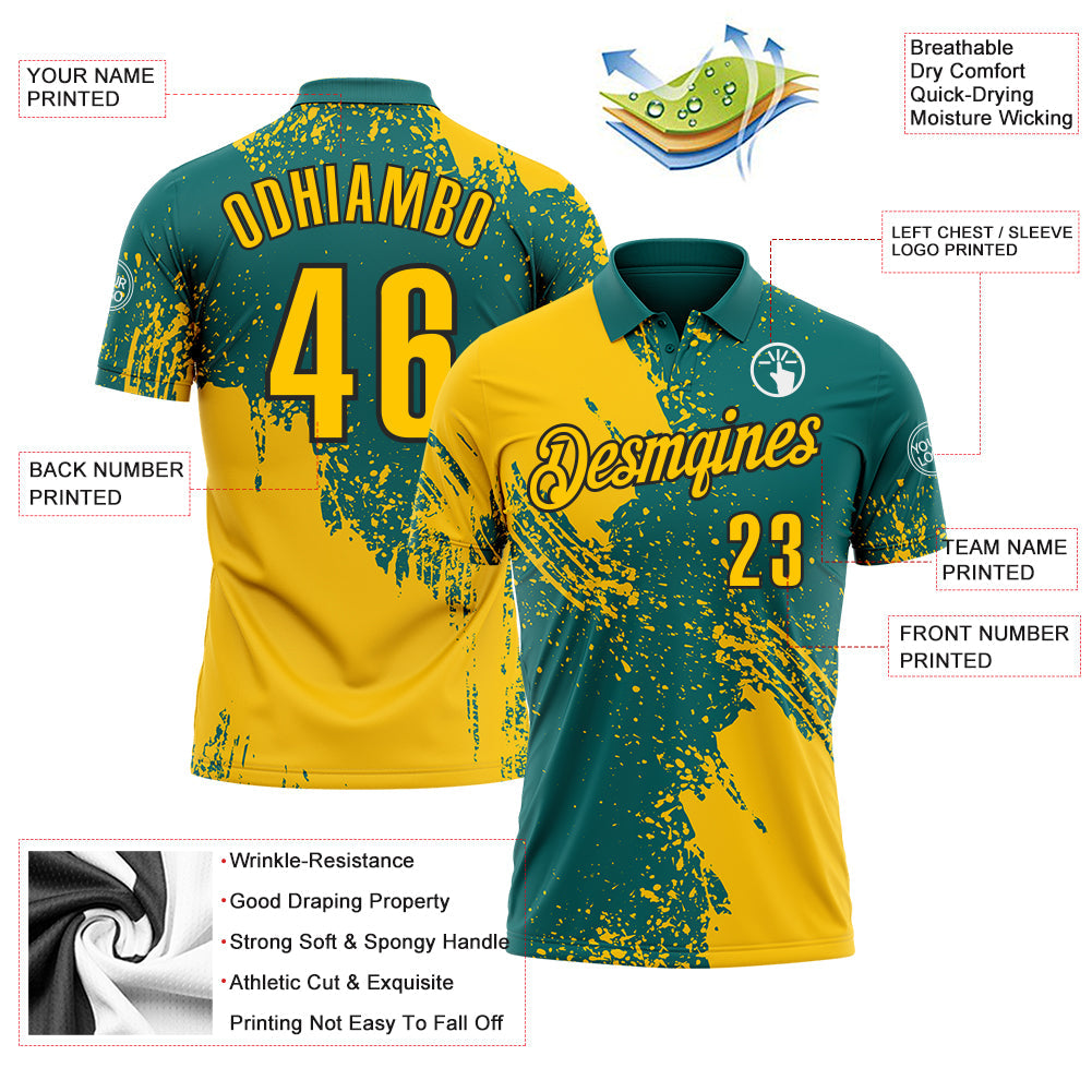 Custom Yellow Teal-Black 3D Pattern Design Abstract Brush Stroke Performance Polo Shirt view 3