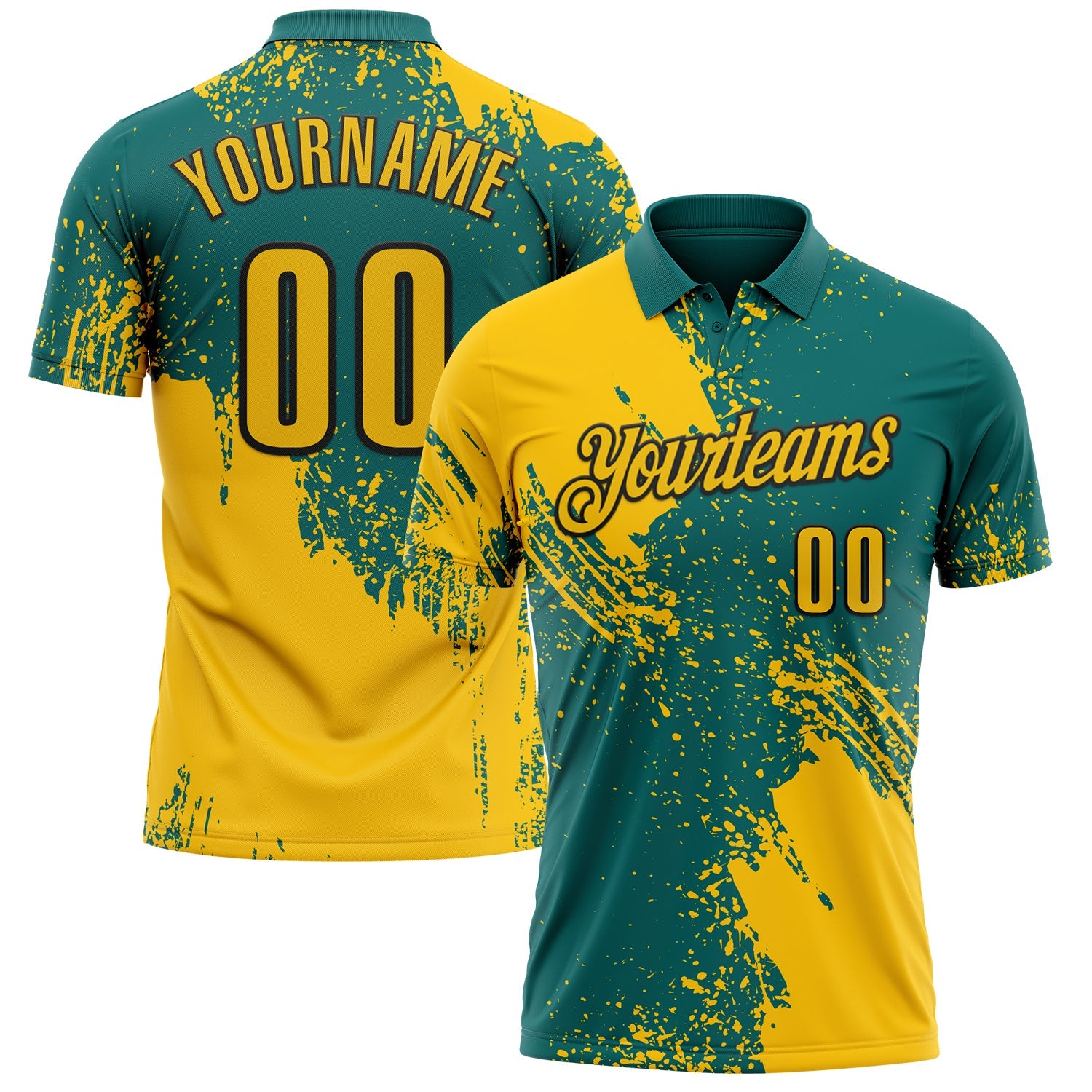 Custom Yellow Teal-Black 3D Pattern Design Abstract Brush Stroke Performance Polo Shirt - Main View