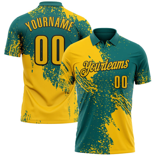 Custom Yellow Teal-Black 3D Pattern Design Abstract Brush Stroke Performance Polo Shirt - Main View