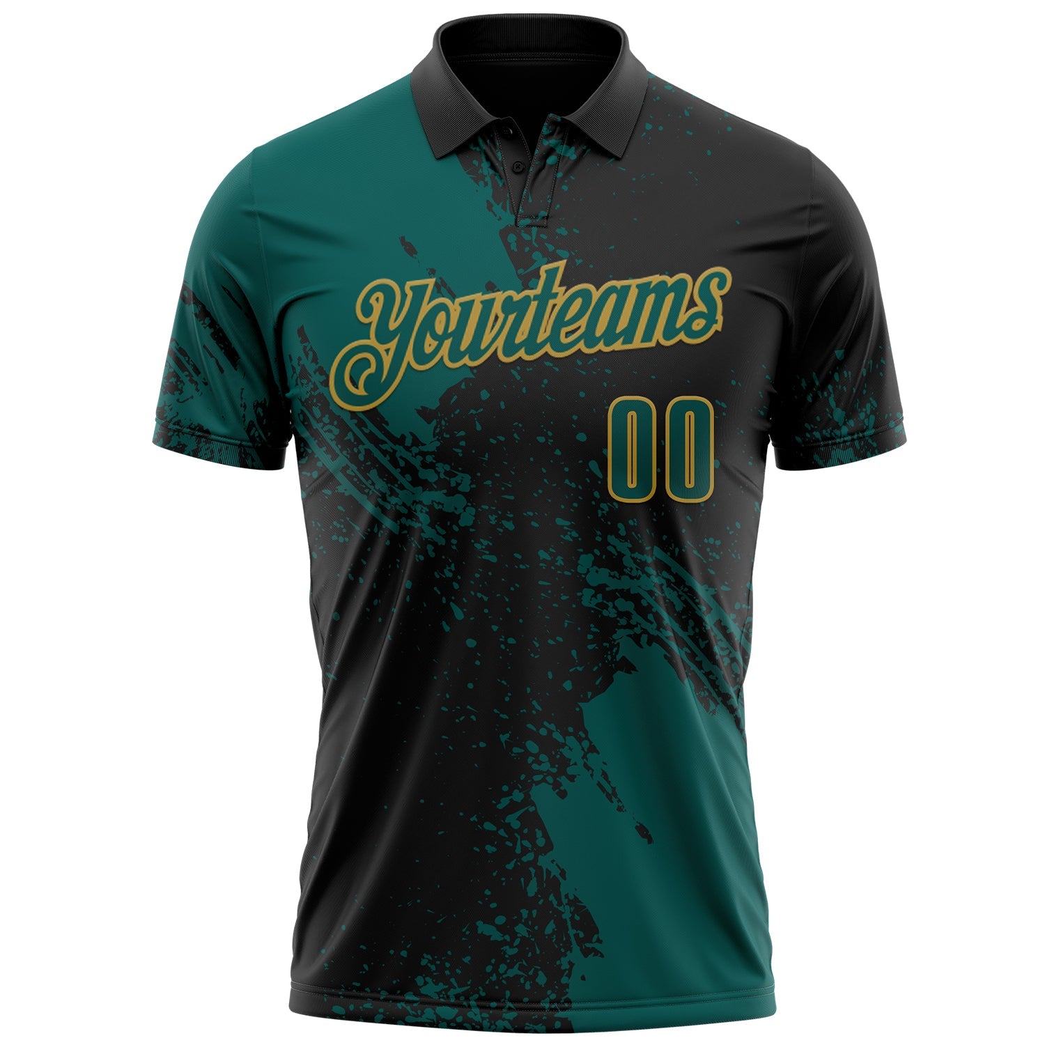 Custom Midnight Green Black-Old Gold 3D Pattern Design Abstract Brush Stroke Performance Polo Shirt view 2