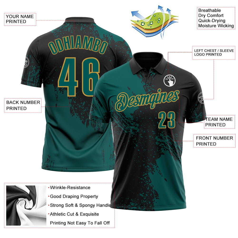 Custom Midnight Green Black-Old Gold 3D Pattern Design Abstract Brush Stroke Performance Polo Shirt view 3