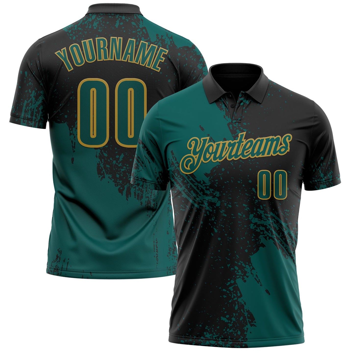 Custom Midnight Green Black-Old Gold 3D Pattern Design Abstract Brush Stroke Performance Polo Shirt - Main View