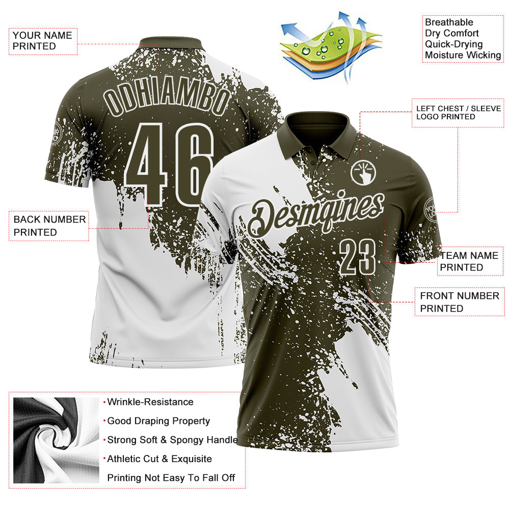 Custom White Olive 3D Pattern Design Abstract Brush Stroke Performance Polo Shirt view 3