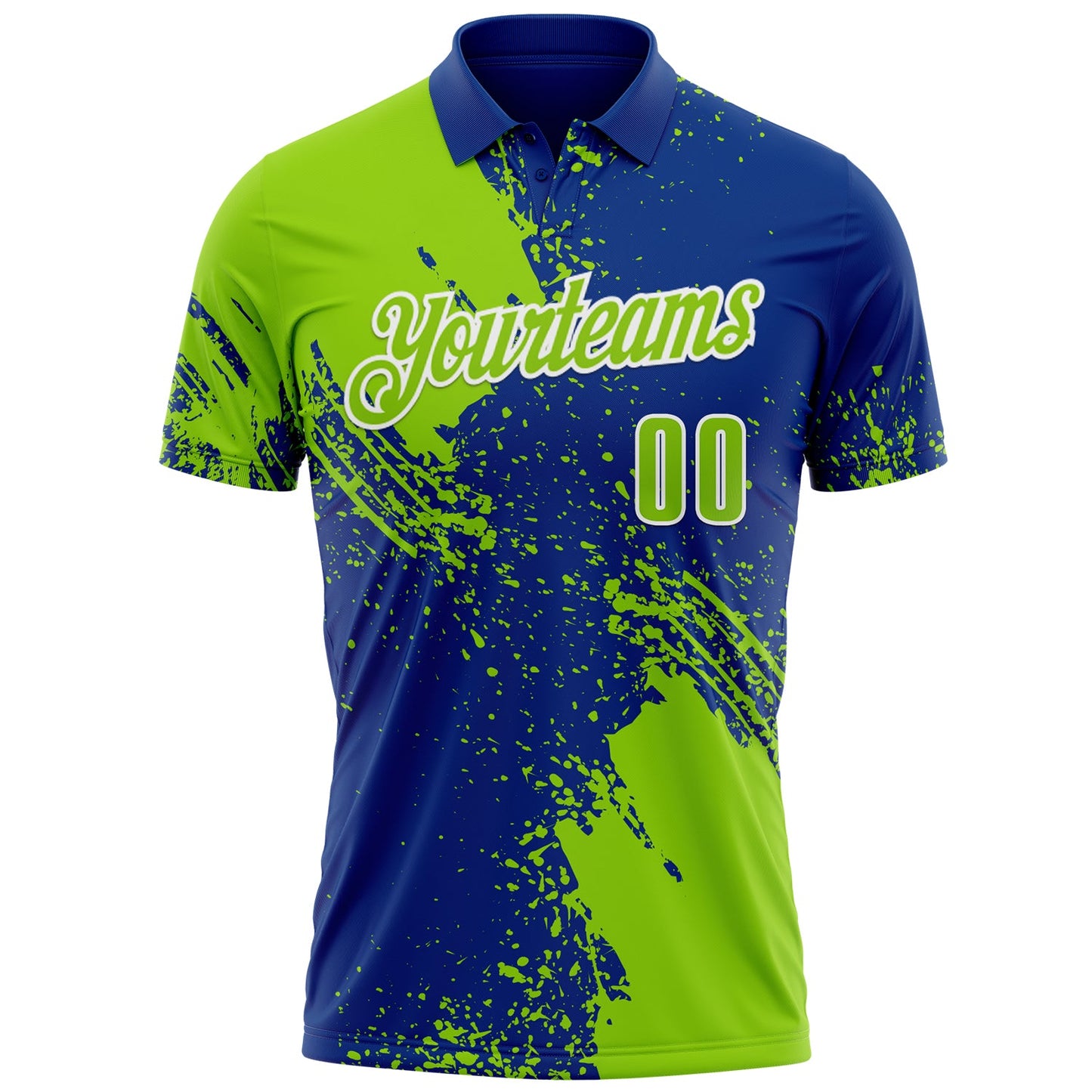 Custom Neon Green Royal-White 3D Pattern Design Abstract Brush Stroke Performance Polo Shirt view 2