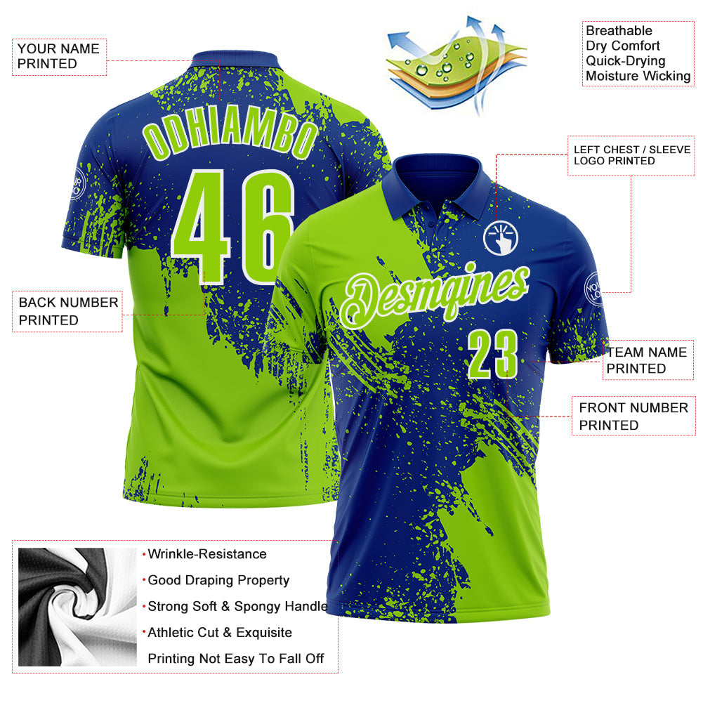 Custom Neon Green Royal-White 3D Pattern Design Abstract Brush Stroke Performance Polo Shirt view 3