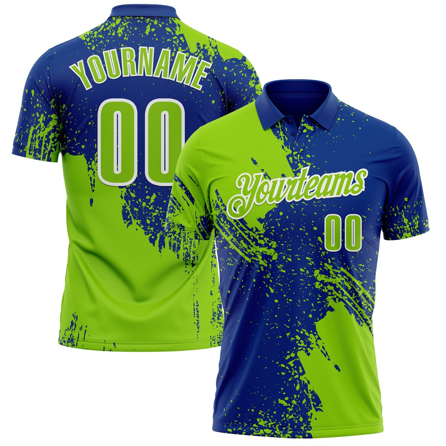 Custom Neon Green Royal-White 3D Pattern Design Abstract Brush Stroke Performance Polo Shirt - Main View