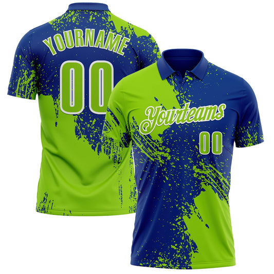 Custom Neon Green Royal-White 3D Pattern Design Abstract Brush Stroke Performance Polo Shirt - Main View