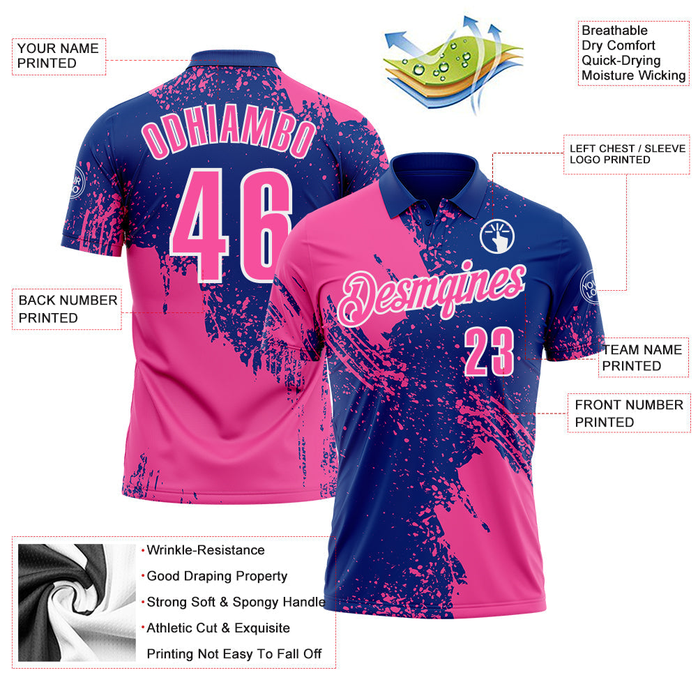 Custom Pink Royal-White 3D Pattern Design Abstract Brush Stroke Performance Polo Shirt view 3